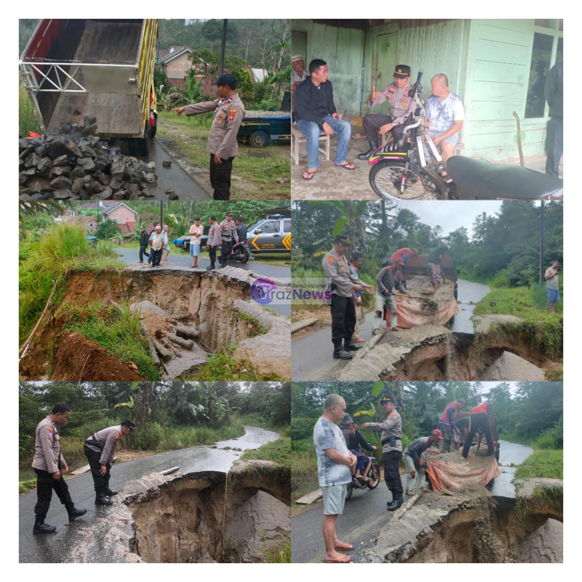 Warga Masyarakat  Bersama Polsek Sekincau Polres Lampung Barat, Timbun Jalan Yang Nyaris Putus Total